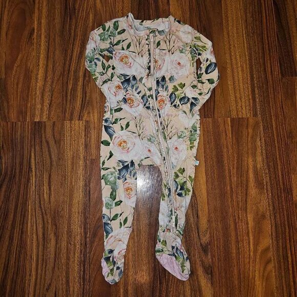 Posh Peanut Green and Pink Vintage Floral Zipper Footie Baby Size 9-12 Months - Picture 1 of 5